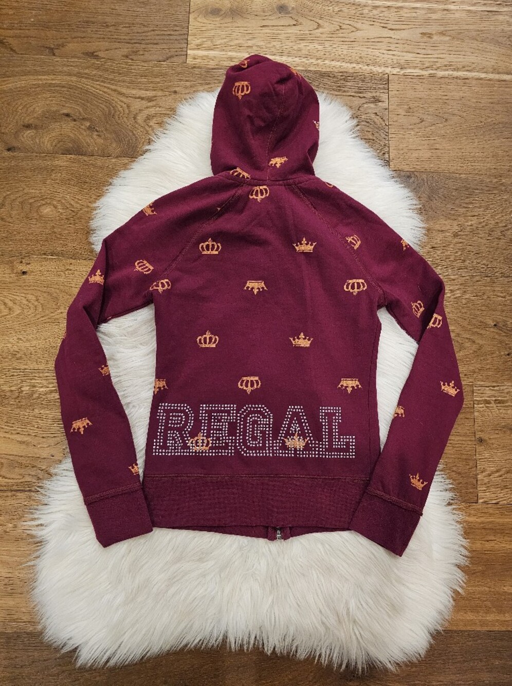 Vintage Mossimo Burgundy Crown-Print Embellished Zip Hoodie